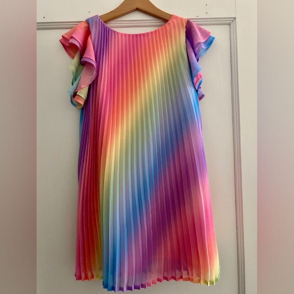 Girls' Rainbow Pleated Ruffle Sleeve Dress